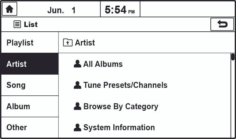 Browse Artists using KIA factory controls