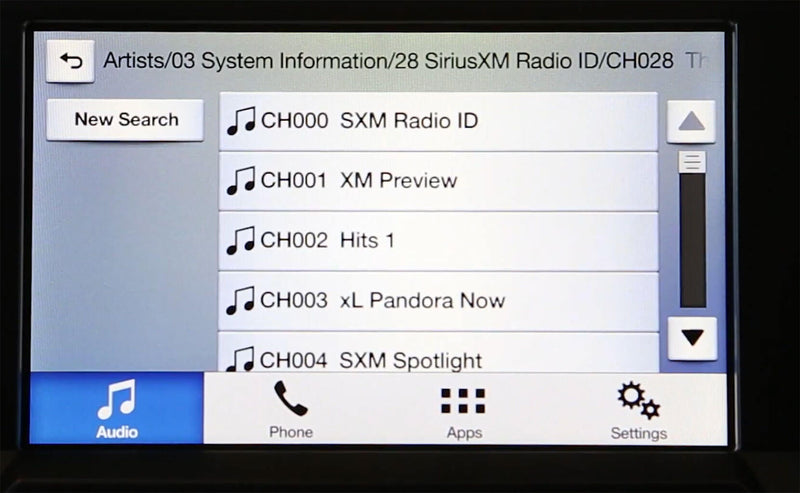 Channels displayed on the Ford Factory Radio showing the Sirius XM channels