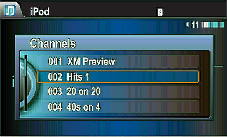 Channels displayed on the Honda CR-V Factory Radio showing the Sirius XM channels