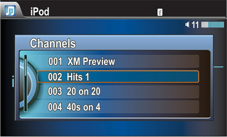 Channels displayed on the Honda Passport Factory Radio showing the Sirius XM channels