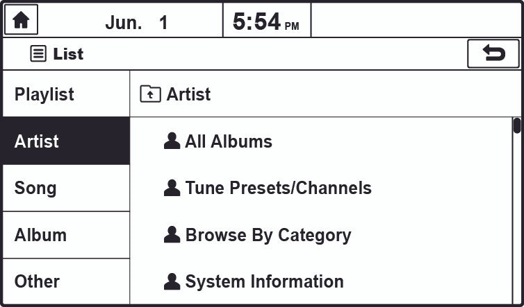 Browse Artists using KIA factory controls