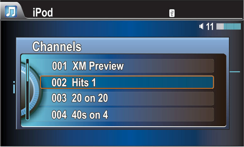 Channels displayed on the Honda Odyssey Factory Radio showing the Sirius XM channels
